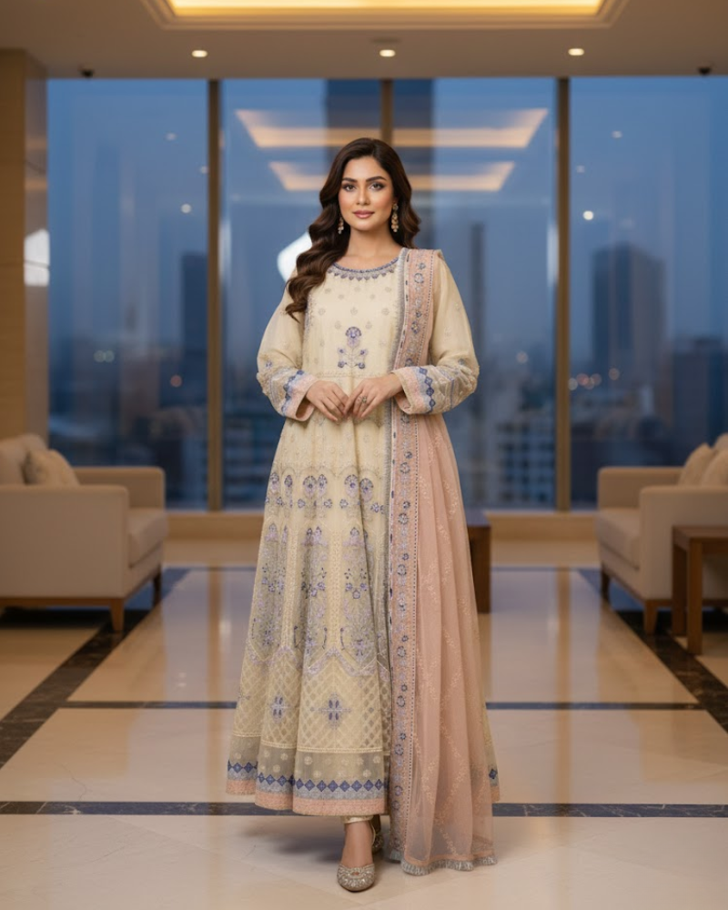 Beige Organza Pakistani Anarkali Dress – Pearl & Stone Embroidery