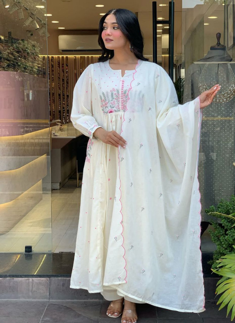 Mul Mul Cotton Punjabi Suit with Floral Embroidery & Scallop Dupatta