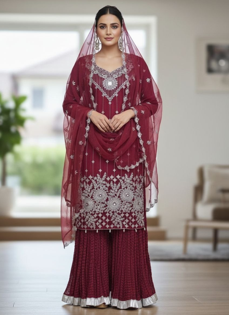 Maroon Pakistani Salwar Suit – Organza with Silver Embroidery
