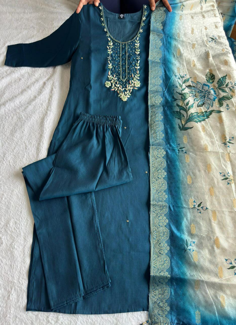 Morpich Roman Silk Punjabi Suit with Handwork & Lichi Silk Jacquard Dupatta