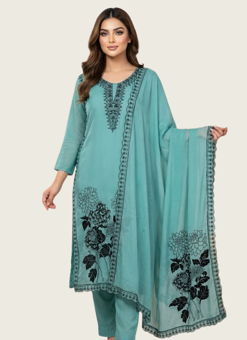 Pest Color Maslin Salwar Suit with Black Thread Embroidery