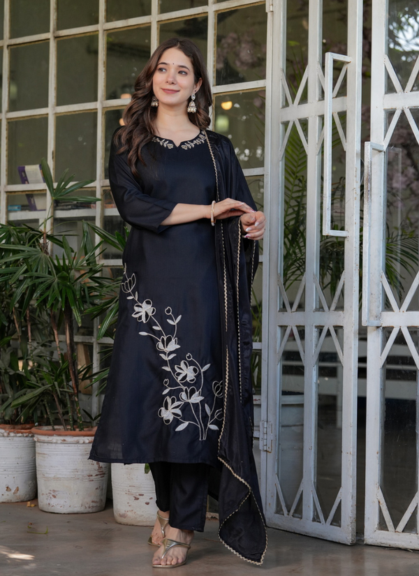 Black Rayon Kurta Set with Dupatta