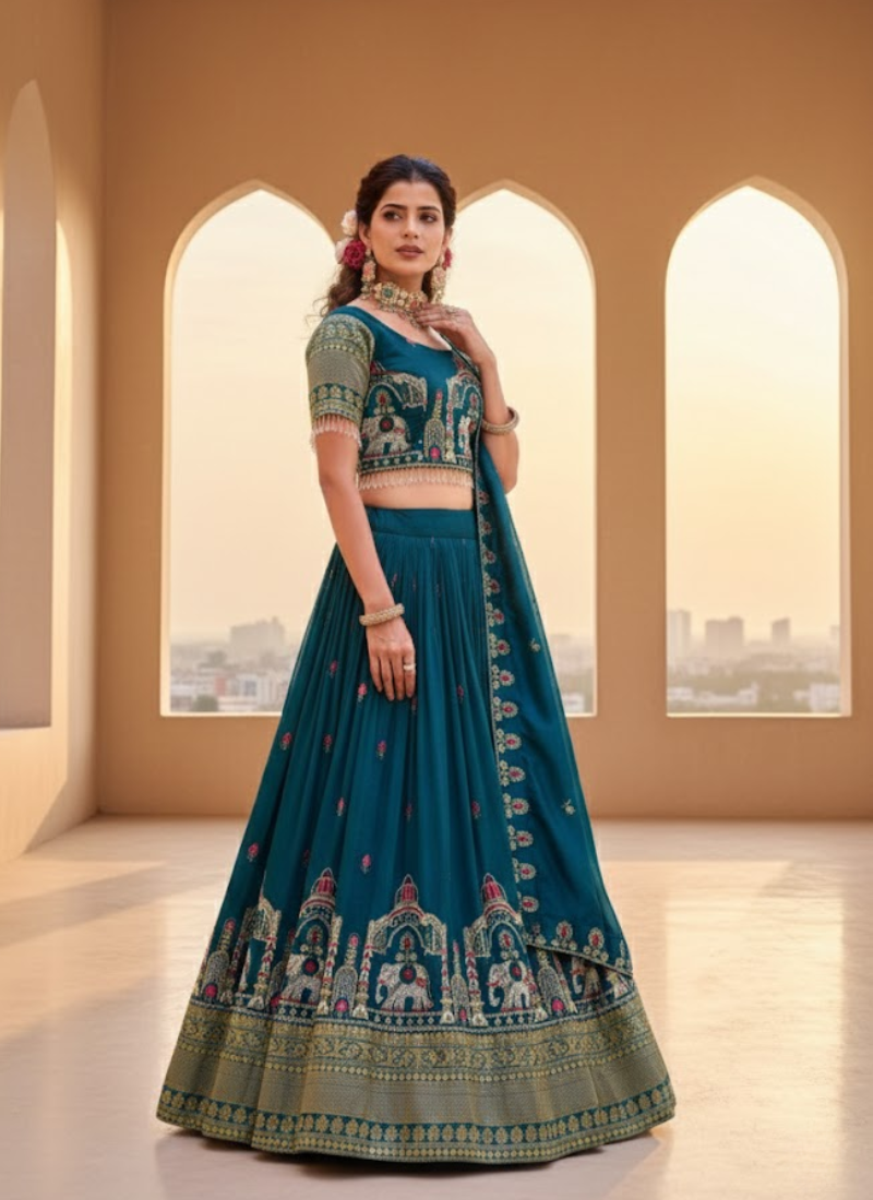 Pure Vichitra Embroidered Lehenga Choli Set
