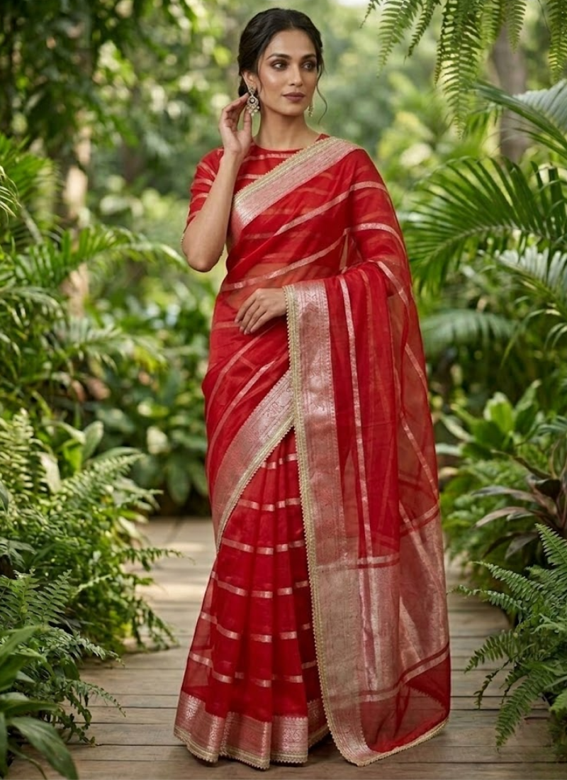 Red Banarasi Organza Saree with Blouse Piece