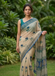 Bottle Green Vegetable Chiffon Saree – Floral Print with Blouse 3