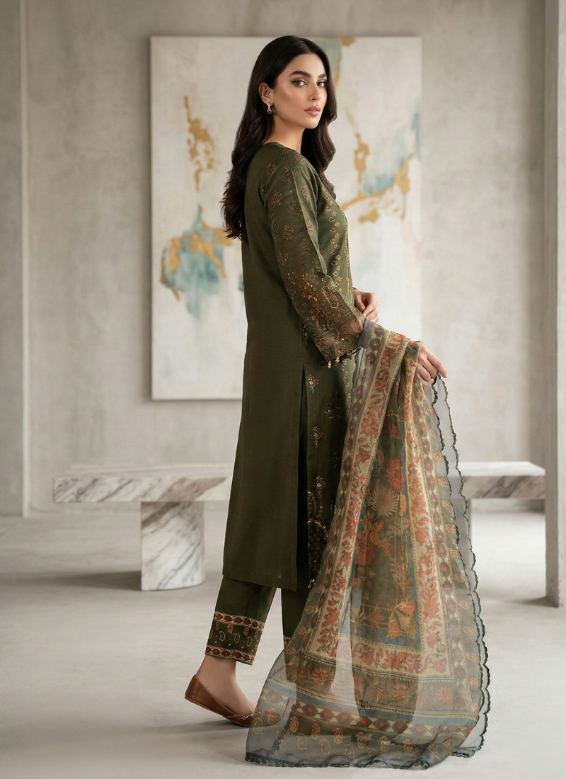 Dark Green Organza Salwar Suit with Pearl Work - View 4