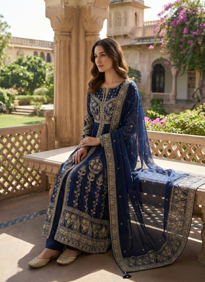 Faux Georgette Anarkali Gown with Thread & Sequins Embroidery + Dupatta