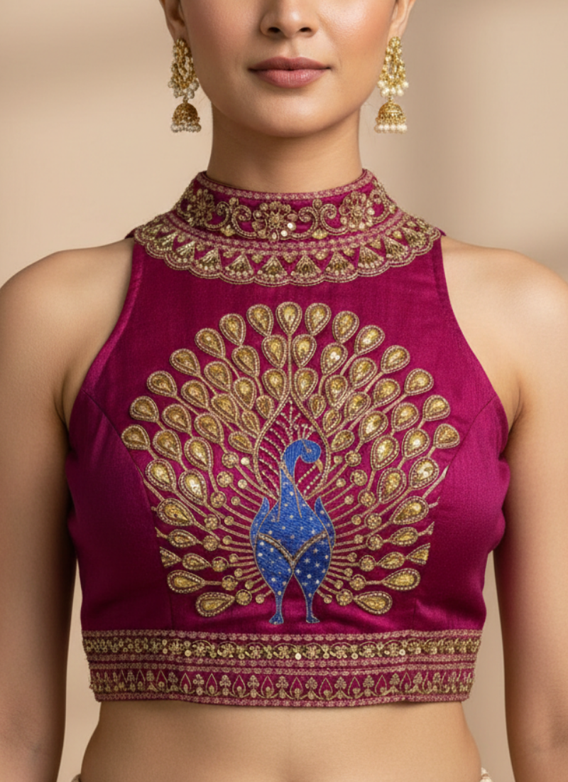 Peacock Silk Party Blouse with Hand Work