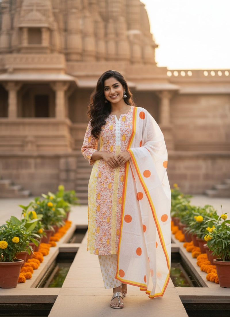 Cotton Block Printed Salwar Suit – White & Orange