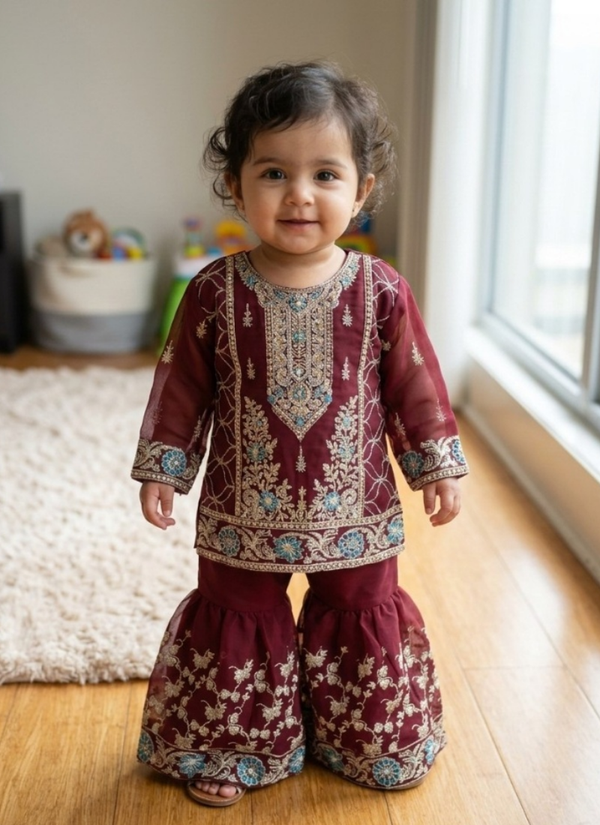 Baby Sharara Set in Raw Silk with Mirror Work