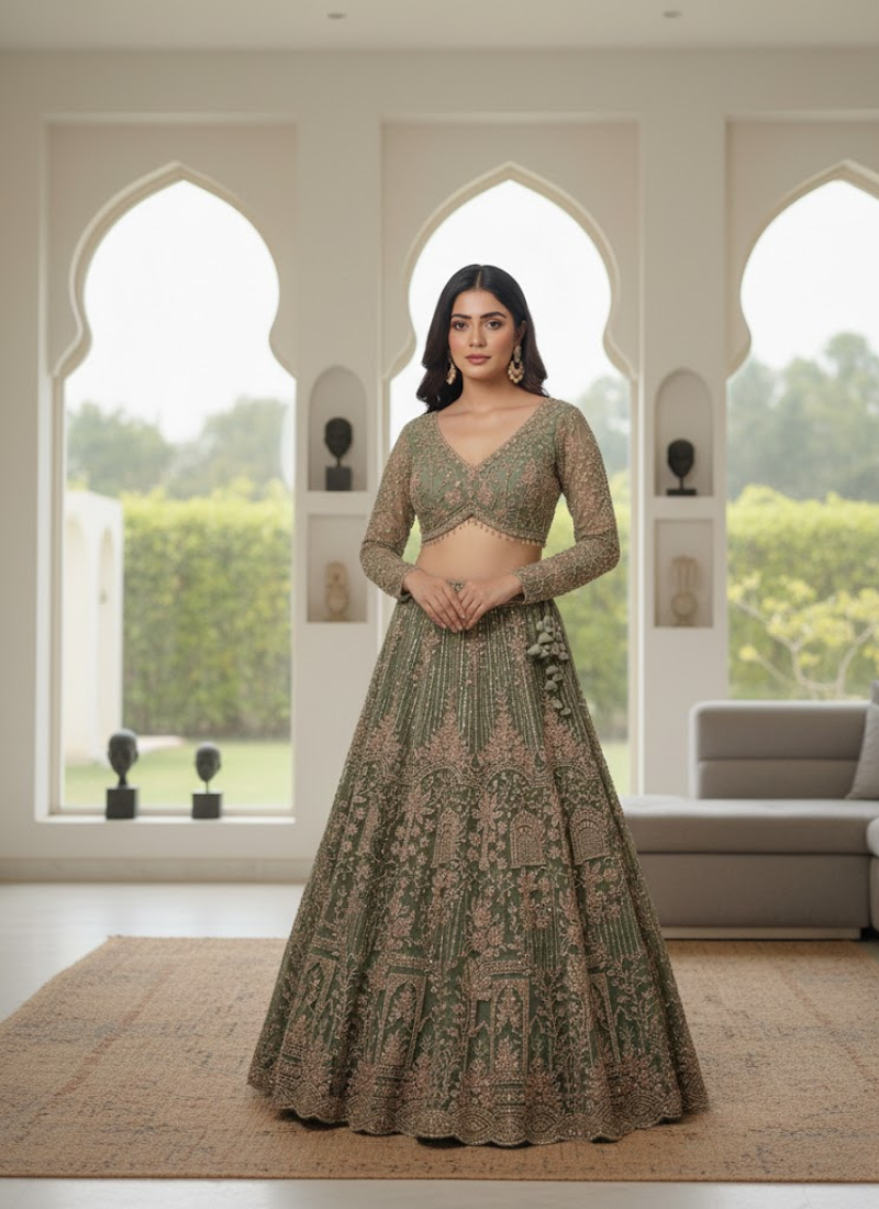 Premium Net Lehenga with Sequins Coding Work & Dupatta – Semi Stitched
