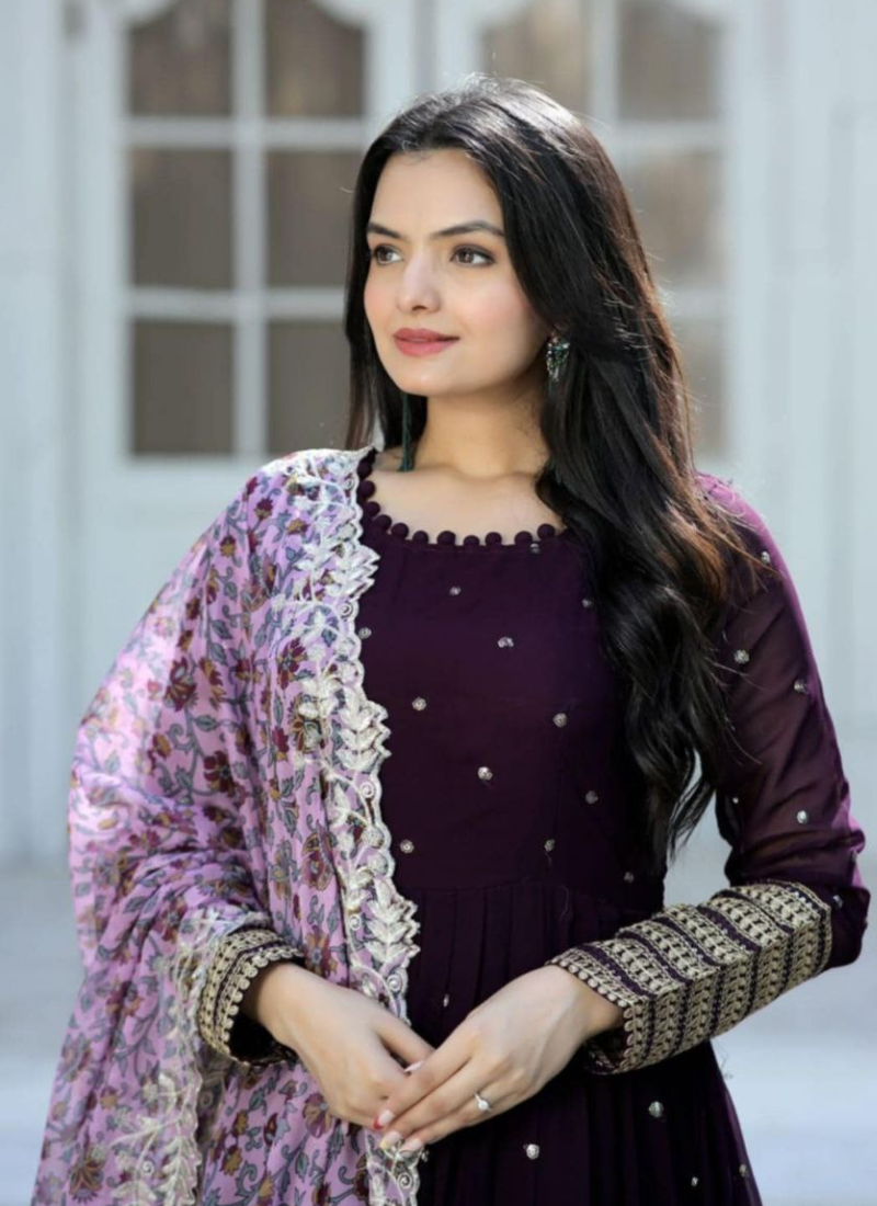 Purple Georgette Anarkali with Printed Dupatta