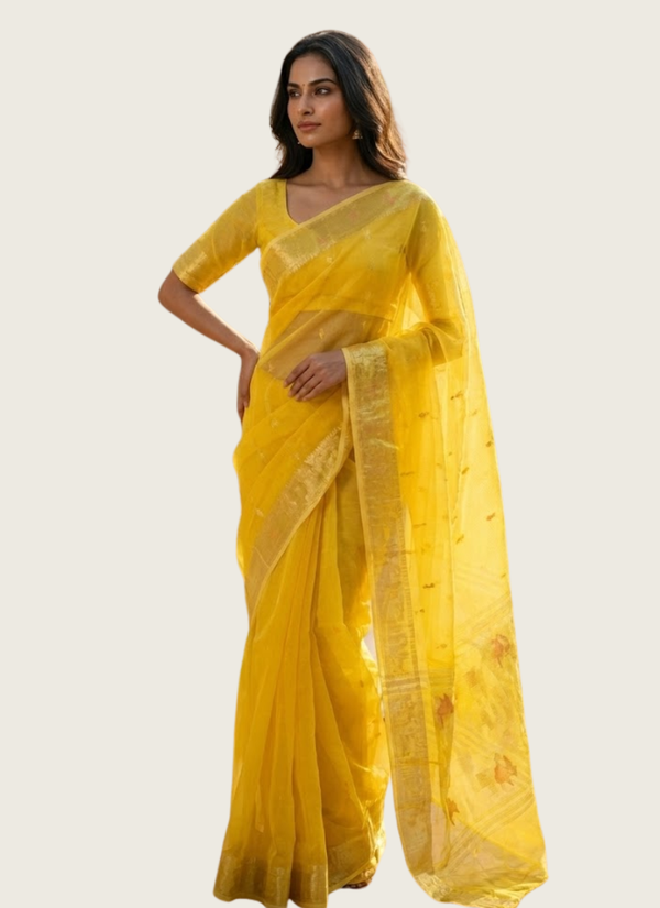 Bright Yellow Jamdani Saree with Mari Thread Work Australia