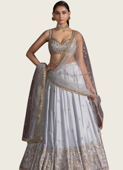 Light Grey/Silver Satin Silk Lehenga Choli with Sequins, Dori & Zari Embroidery + Net Dupatta 1