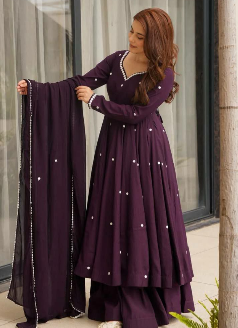 Designer Anarkali Suit in Roman Silk with Embroidery Work + Organza Dupatta