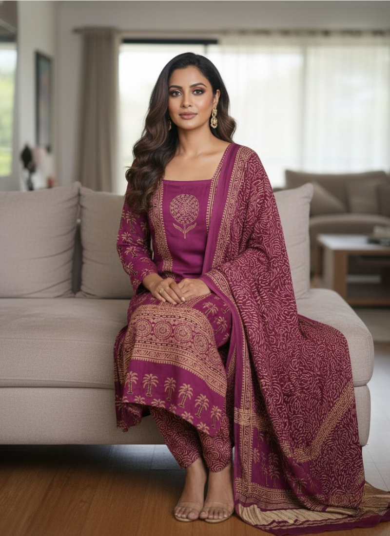 Pure Modal women’s Ajrak Salwar Suit – Kari Border Dupatta