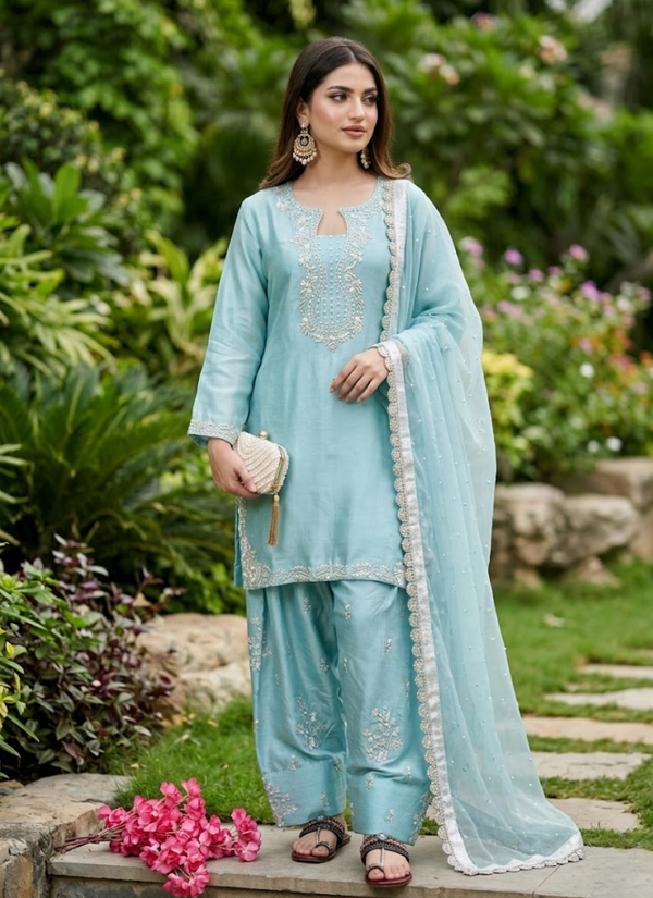 Roman Silk Palazzo Set with Organza Dupatta