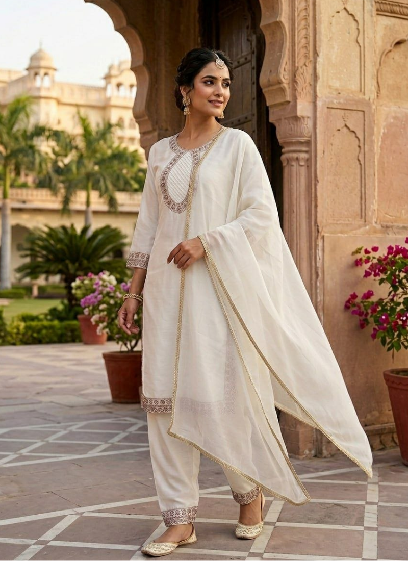 Roman Silk Kurta Set with Dupatta – Embroidery & Lace