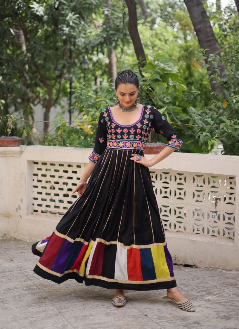 Roman Fabric Anarkali Dress with Multicolour Thread & Gota Lace Work