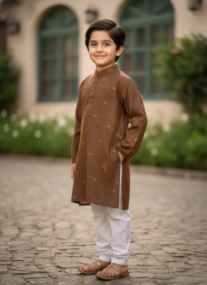 Kids Linen Kurta with White Cotton Pyjama