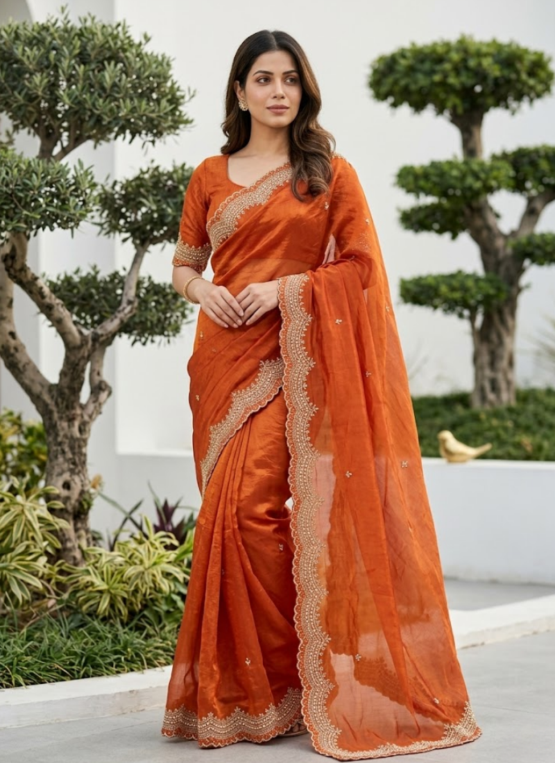 Fendy Satin Silk Saree – Gold Embroidery with Pearl Detailing & Matching Blouse Australia