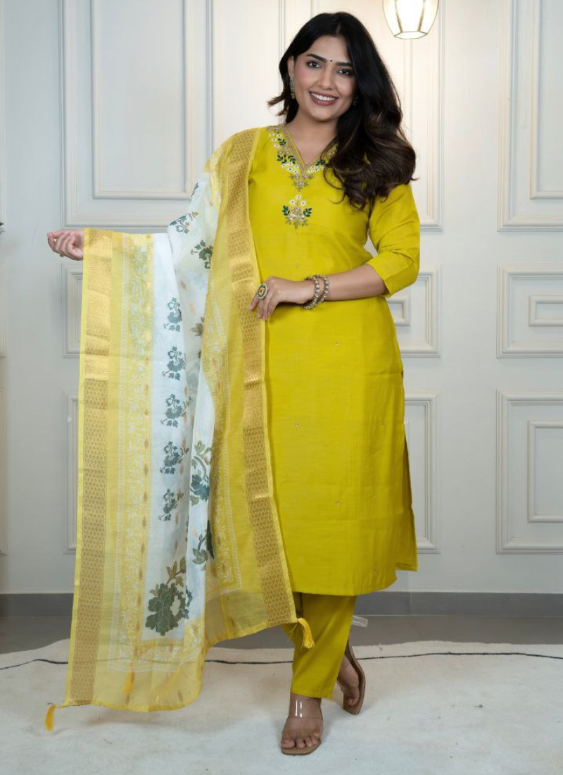 Parrot Roman Silk Salwar Kameez with Handwork & Chanderi Dupatta
