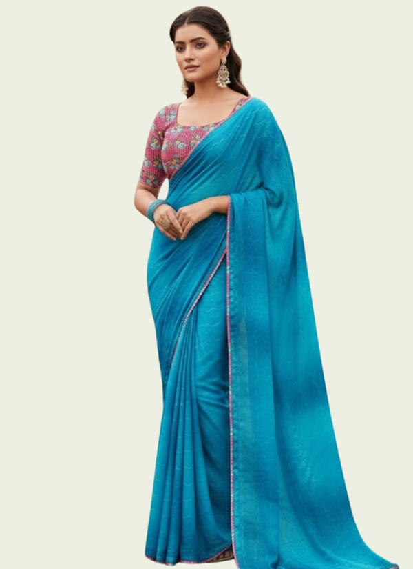 Blue Chiffon Saree with Stitched Floral Blouse Australia