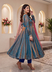 Designer Sindoor Silk Anarkali Gown Set – Mirror Lace with Dupatta & Bottom 4