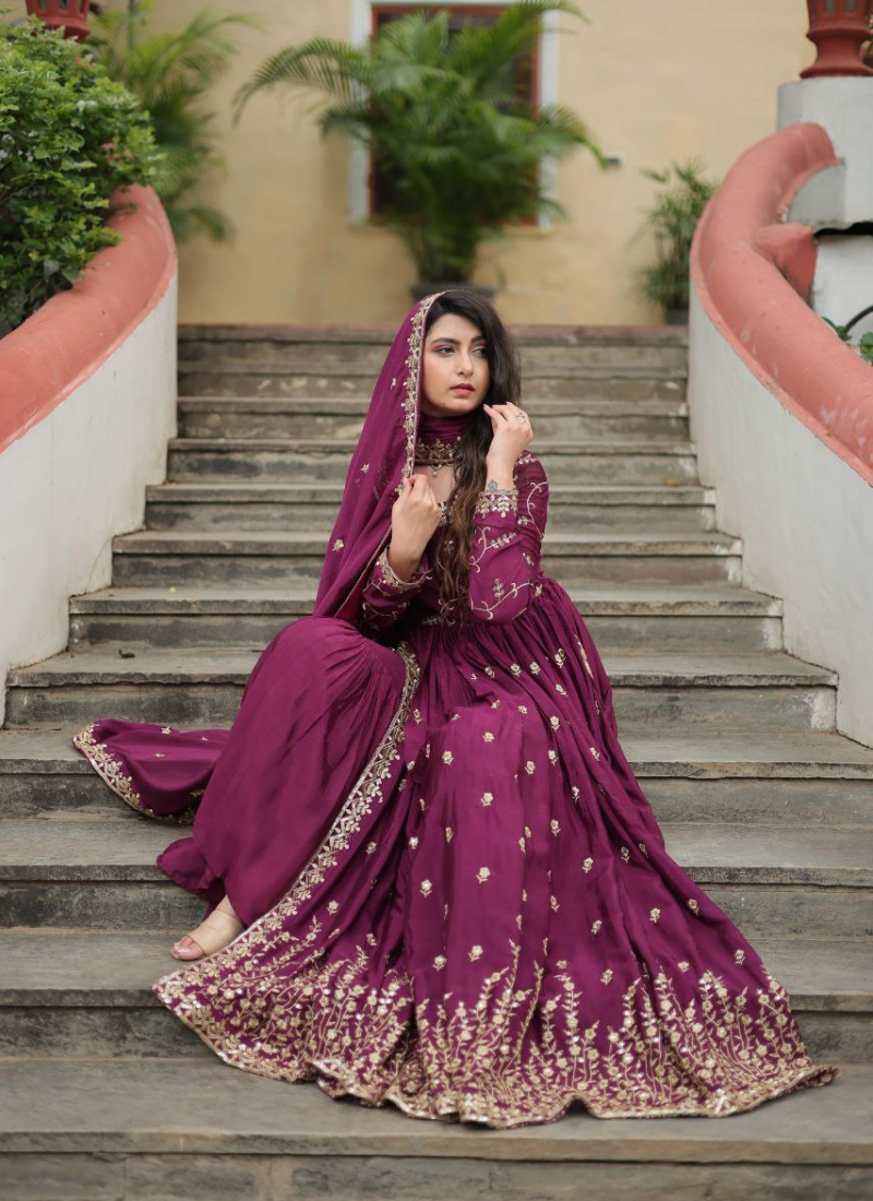 Rama Anarkali Gown in Chinon with Sequins Embroidery + Sharara & Dupatta