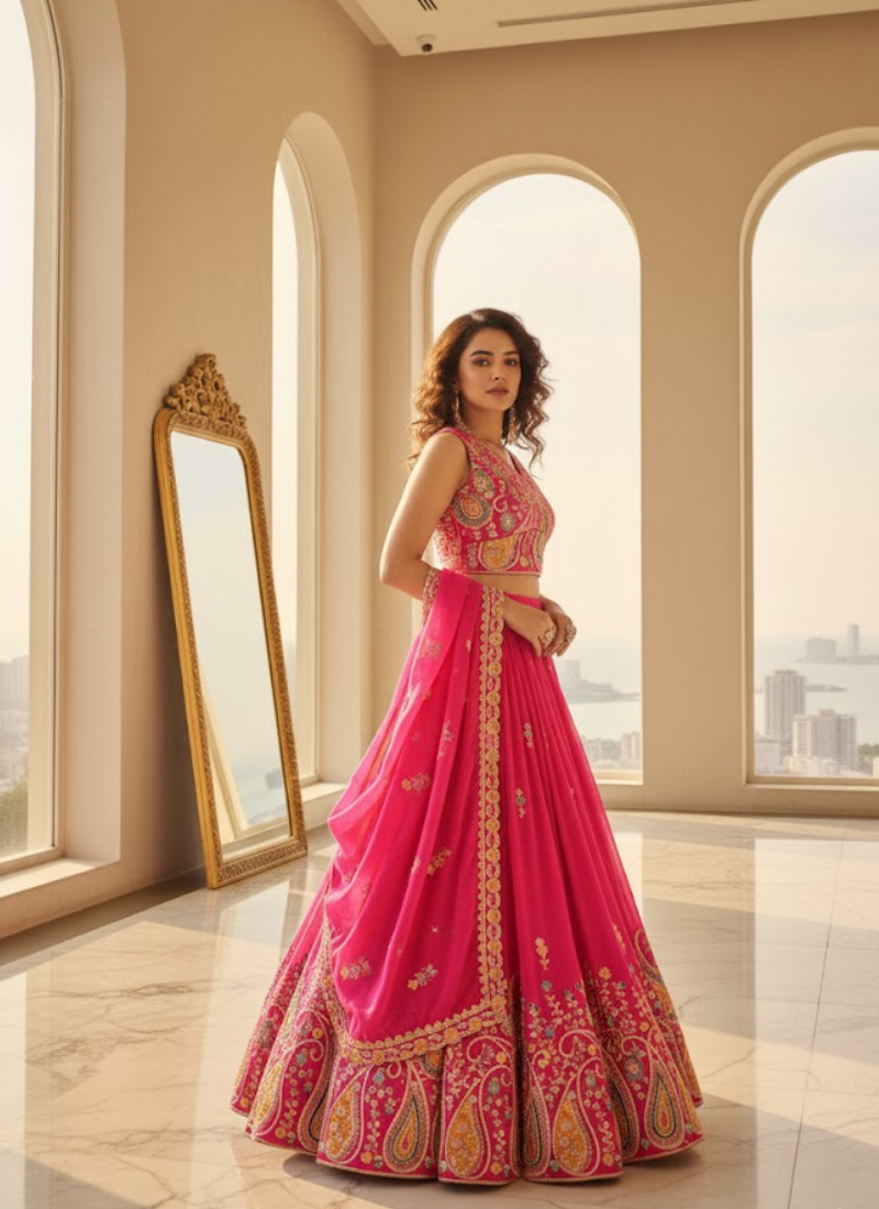 Pure Vichitra Embroidered Lehenga Choli Outfit