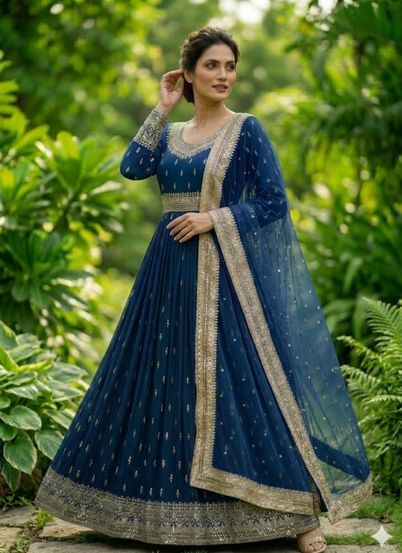 Heavy Chinon Silk Gown Set with Butterfly Net Dupatta - View 1