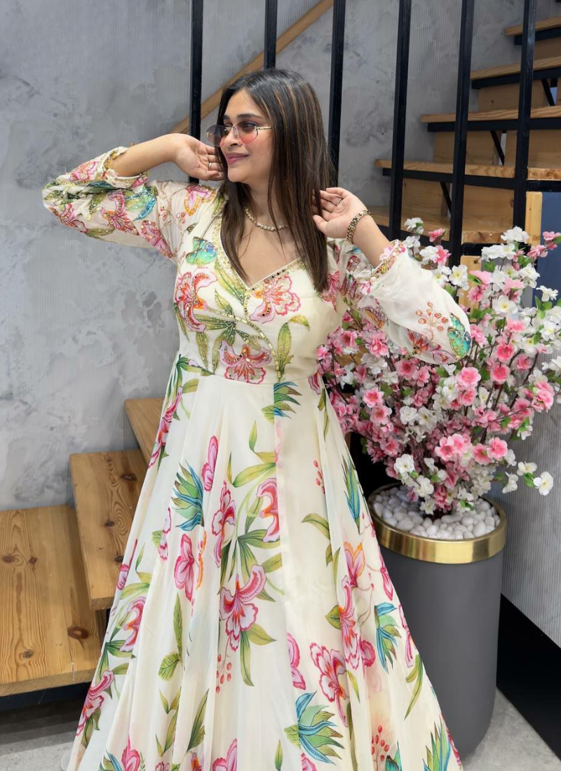 Heavy Georgette Gown Set with Mirror Work