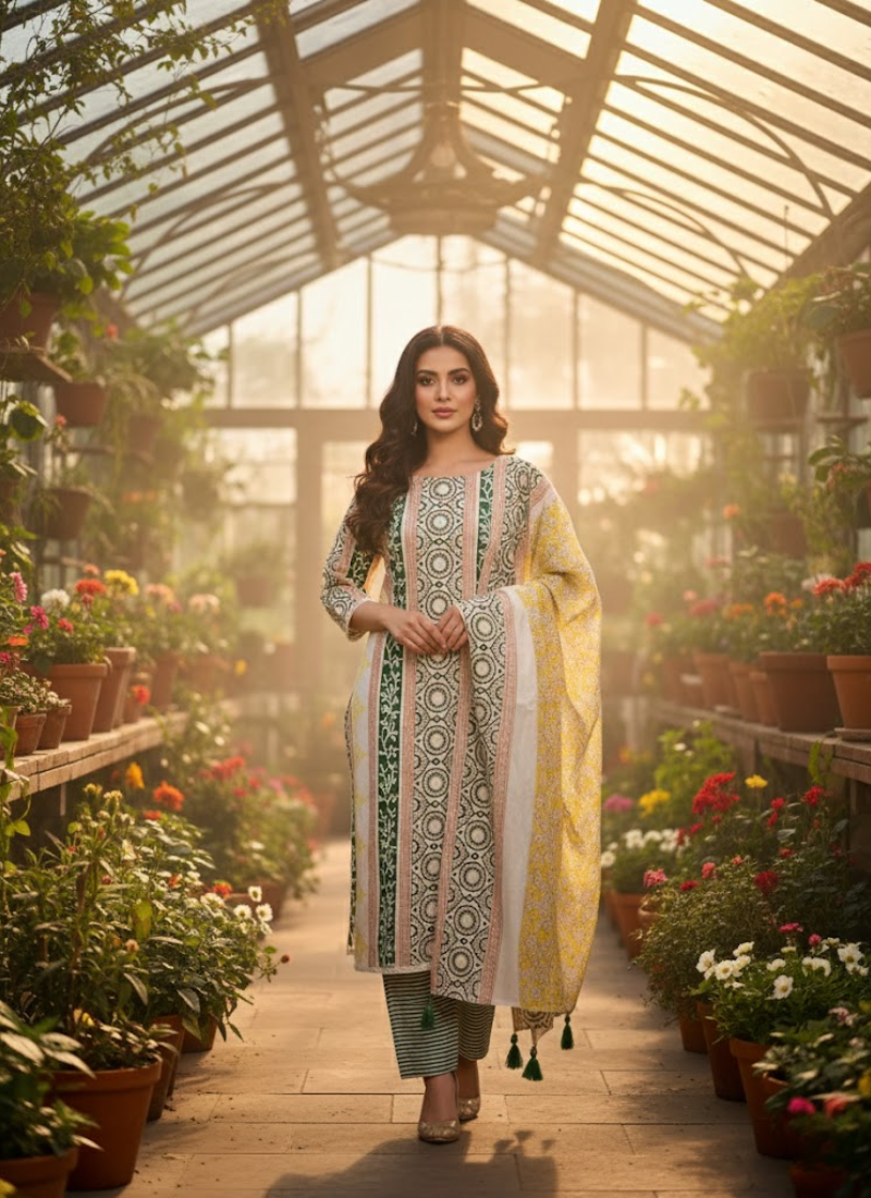 Cotton Block Printed Salwar Suit – White, Yellow & Green