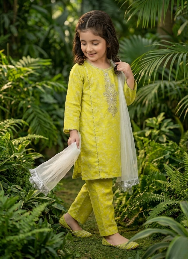 Girl’s 3‑Piece Embroidered Cotton Midi Shirt Set