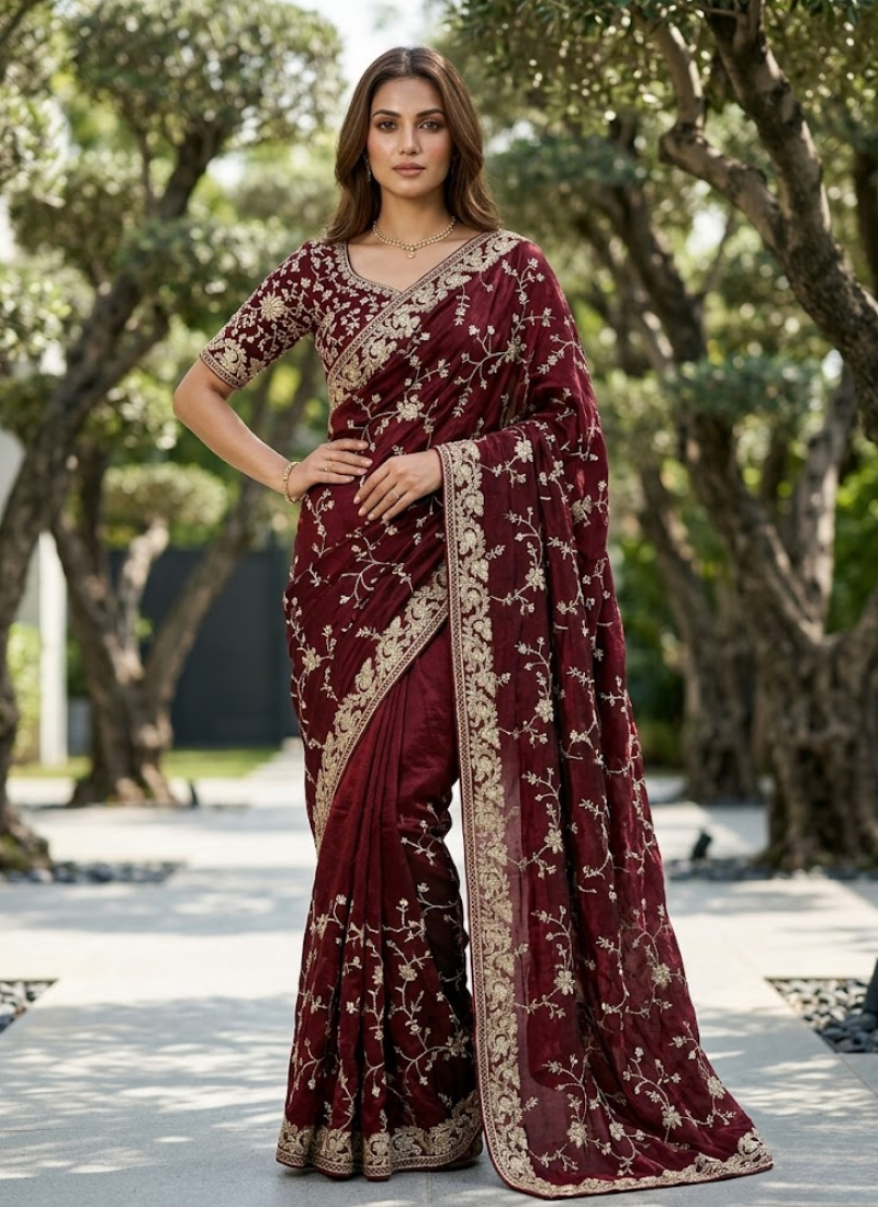 Space Silk Saree – Sequin & Zari Embroidery with Matching Blouse