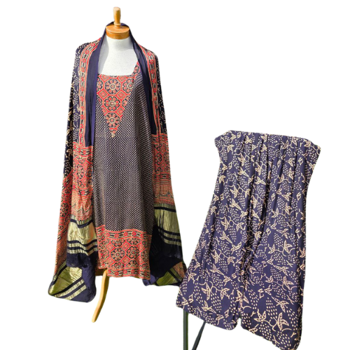 Pure Modal Ajrak Salwar Kameez Suit – Navy Blue with Dupatta