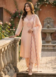 Light Peach Roman Silk Punjabi Suit with Embroidery & Sequence Dupatta 3