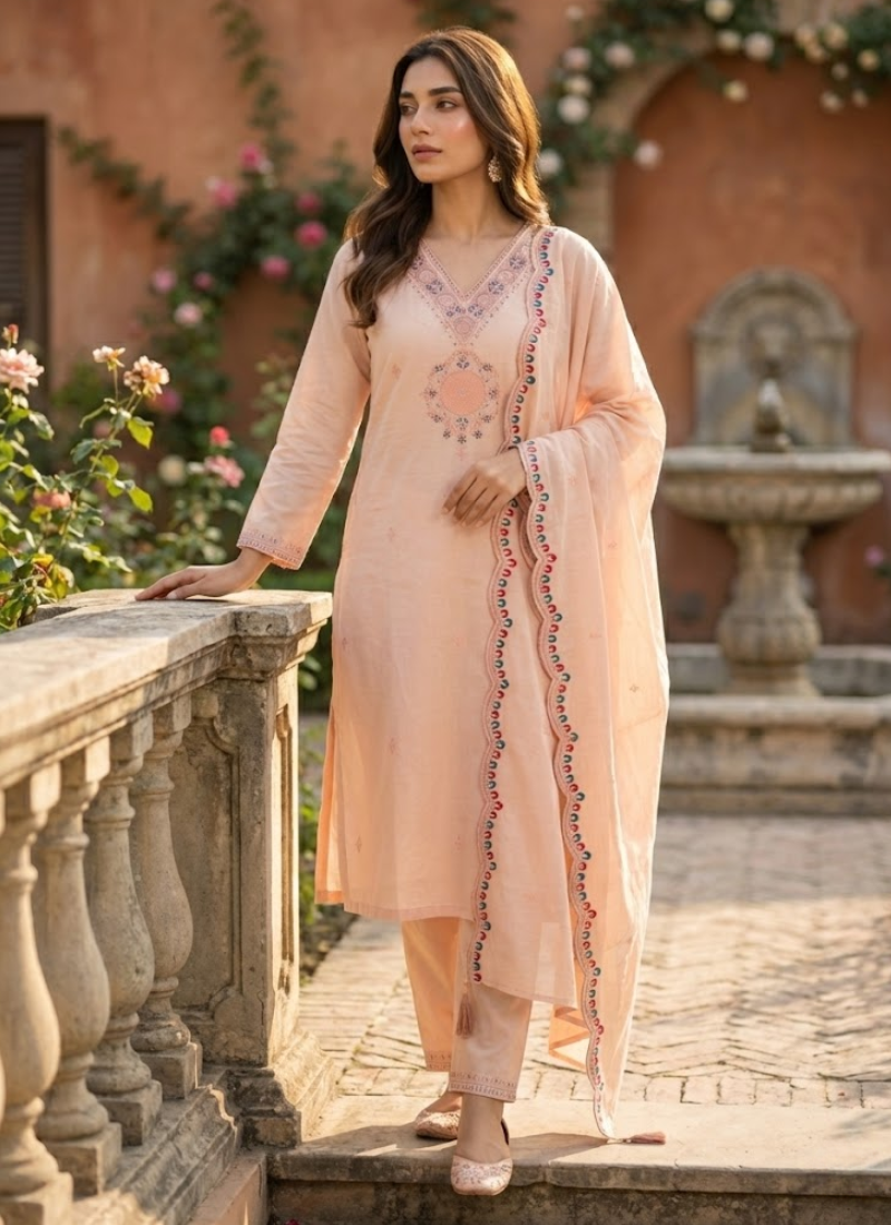 Light Peach Roman Silk Punjabi Suit with Embroidery & Sequence Dupatta - View 3