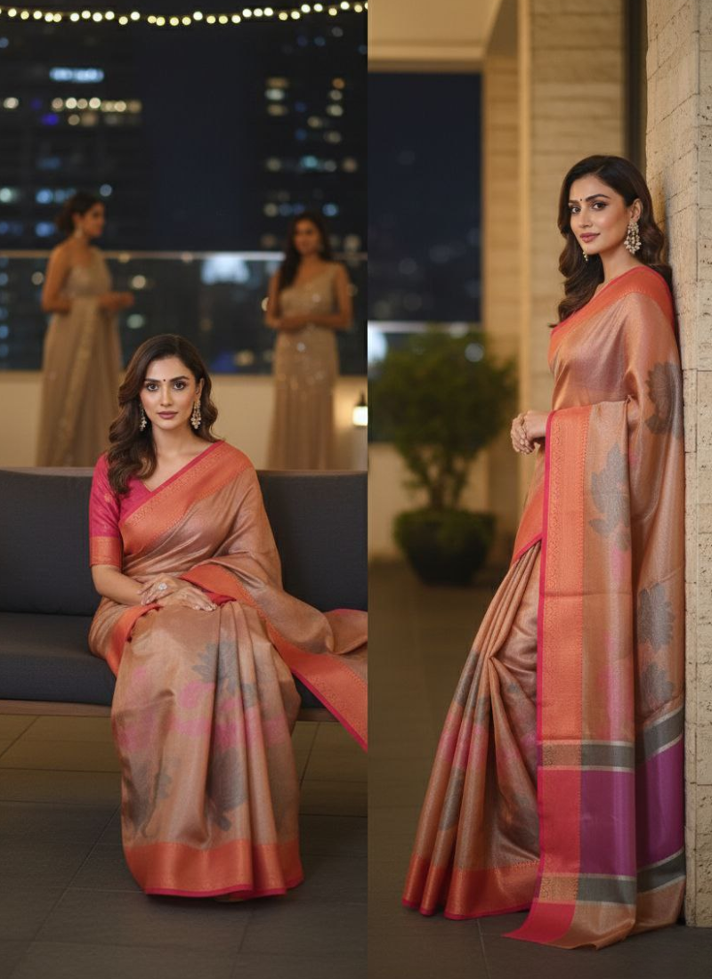 Banarasi Organza Tissue Saree – Rose Gold
