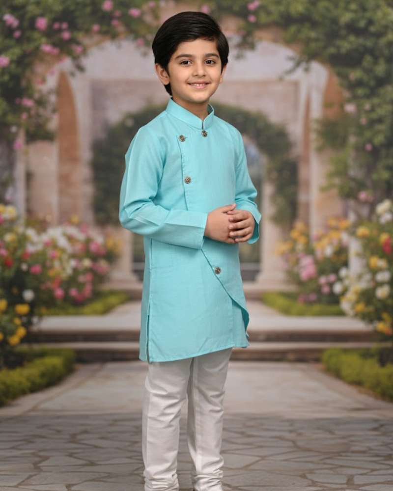 Kids Firoza Cotton Kurta with Embroidery & White Cotton Pyjama