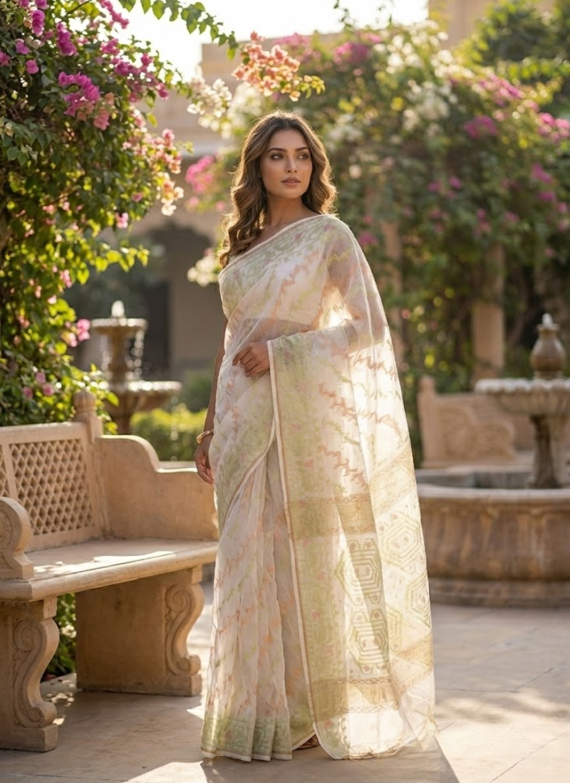 Off-White Jamdani Saree with Mari Thread Work