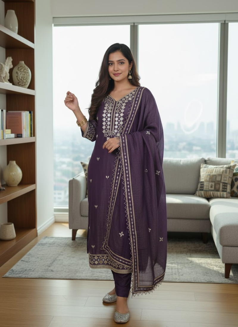 Dark Purple Silk Salwar Suit with Mirror Work Dupatta
