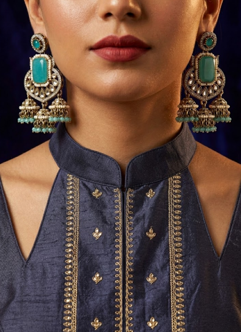 Sky Blue Kundan Earrings with Jhumki - View 2