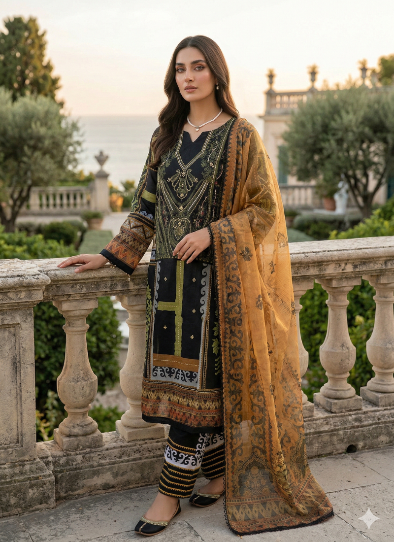Black Organza Salwar Suit with Satin Inner - View 1