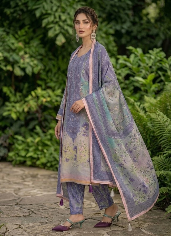 Blue Floral Chinon Silk Dhoti Suit