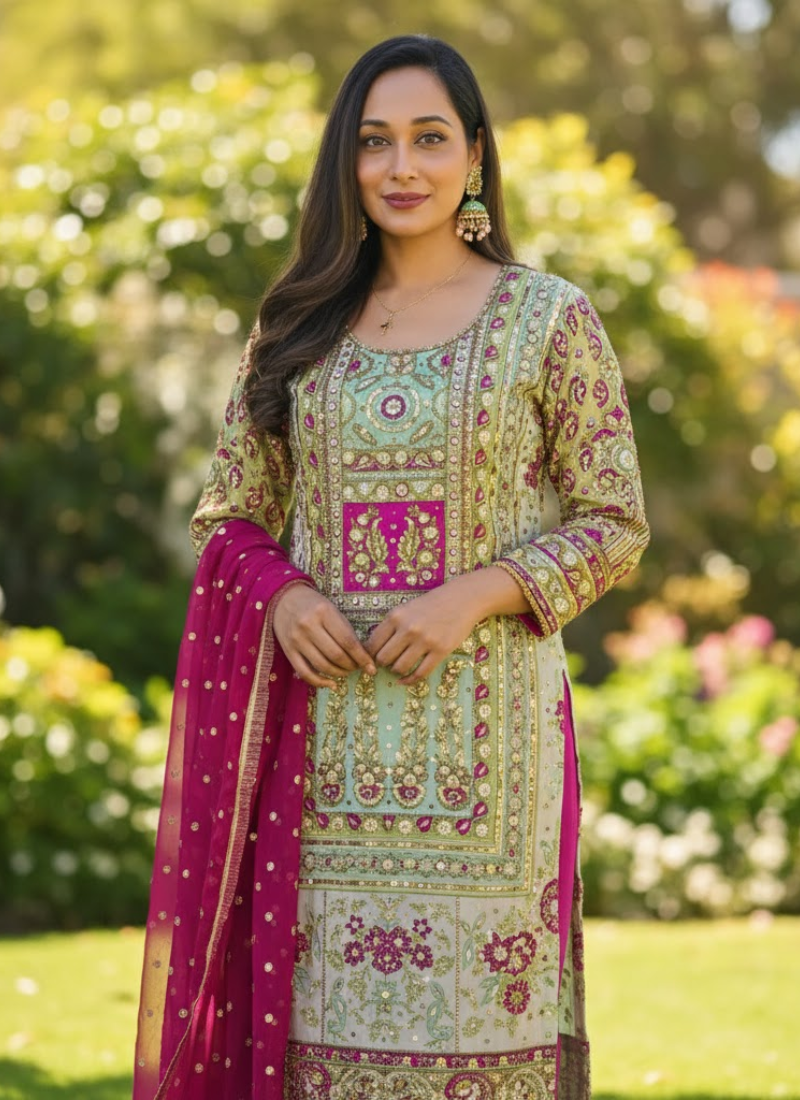Pakistani Kameez in Chinnon silk with hand embroidery