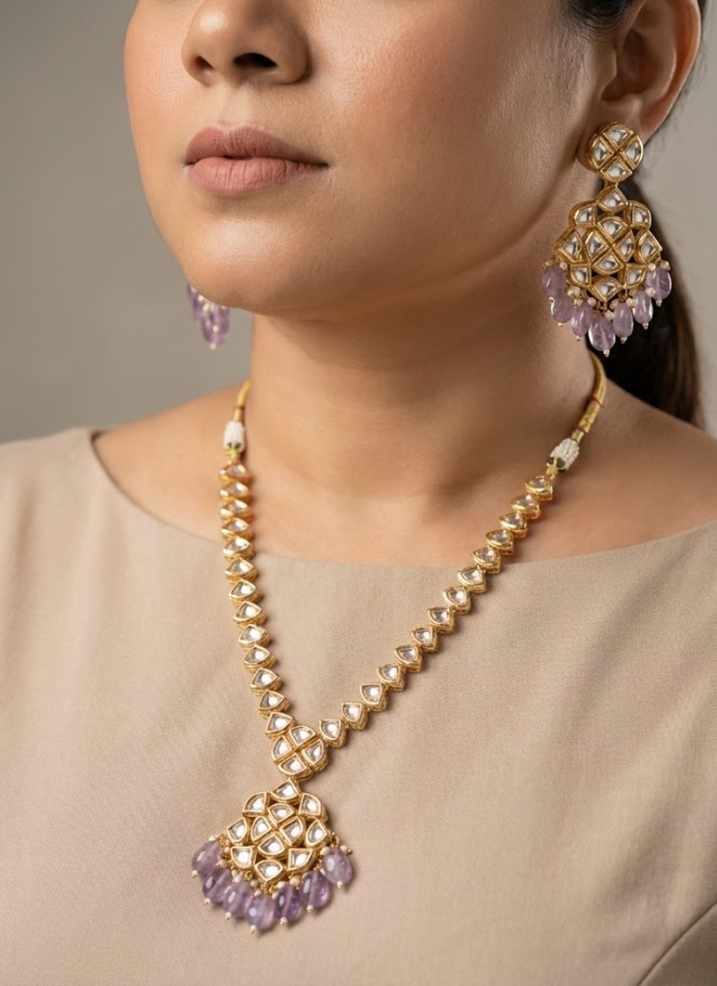 Kundan Necklace Set with Earrings – Purple Beads