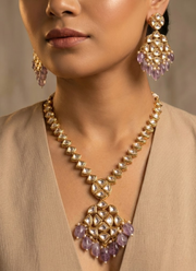 Long Kundan Necklace with Earrings – Light Purple Beads 2