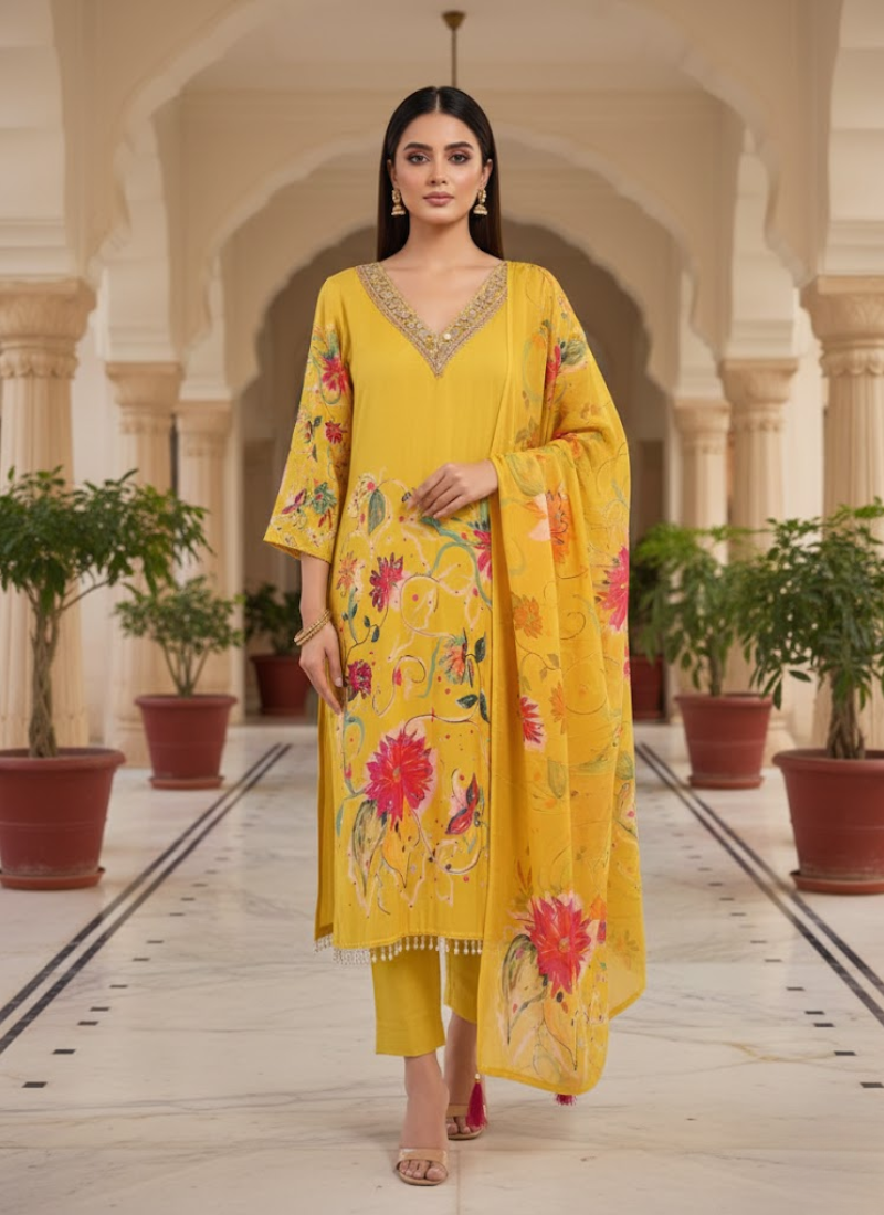 Pakistani Silk Salwar Suit with Mirror & Stone Work