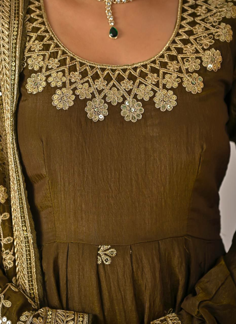 Vichitra Silk Anarkali Gown with Sequins Embroidery + Pant & Dupatta
